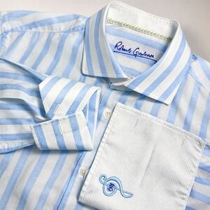 Robert Graham Mens Blue White Striped Musical Note Jacquard French Cuff Shirt L